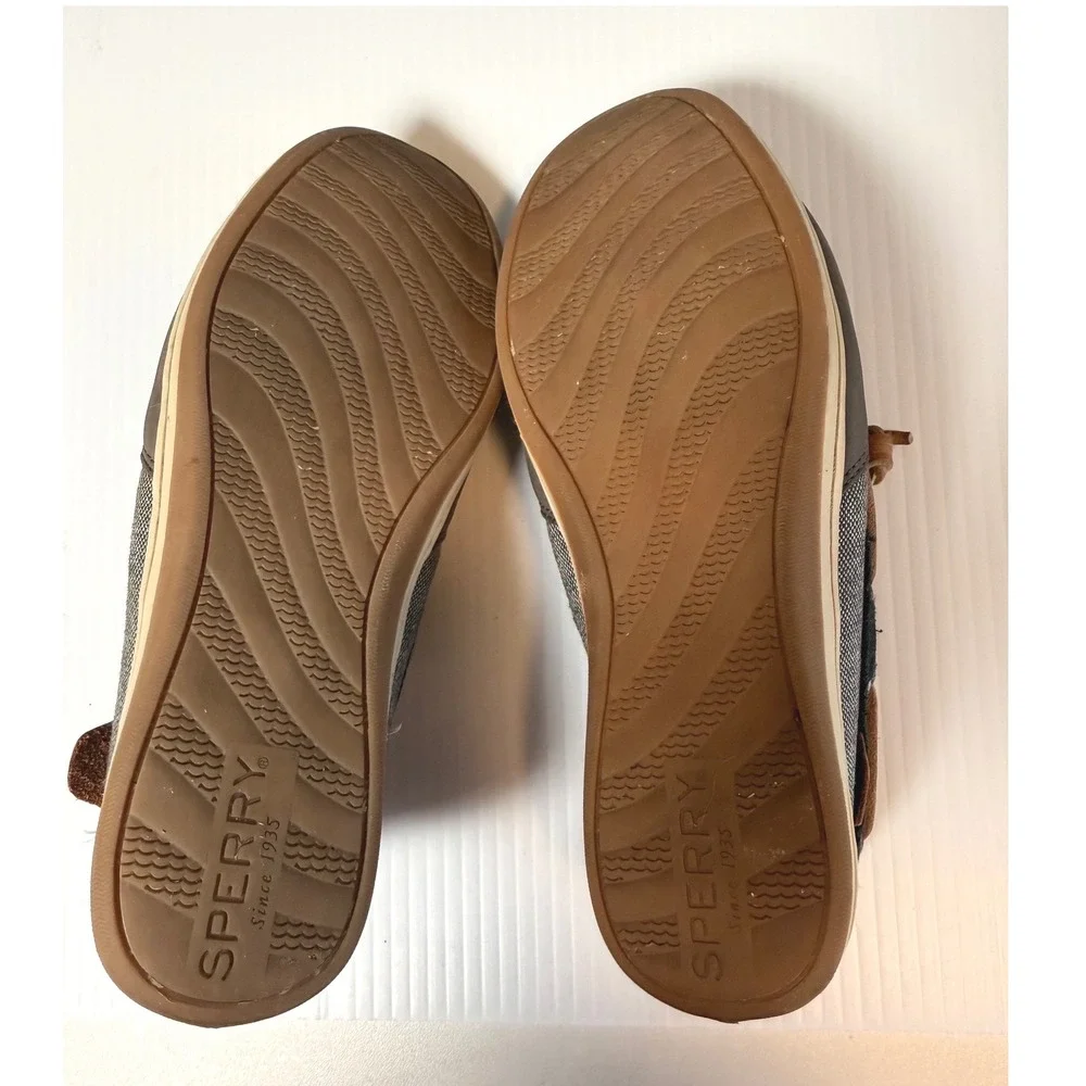 Sperry Women's Boat Shoes‎ Grey Tan Leather Fabric Lace Up Size 7M